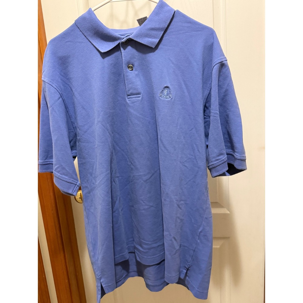 IZOD Mens Blue Silk Wash Cotton Pique Short Sleeve Polo Shirt Large Logo Crest